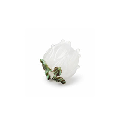 Handmade white lampwork tulip flower bead with green leaf detail