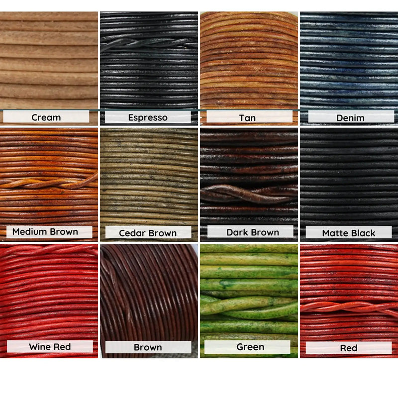 Superior Round Leather, 1mm, 1.5mm, & 2mm, Natural Collection, by the yard, 11 Colors - The Argus Collection