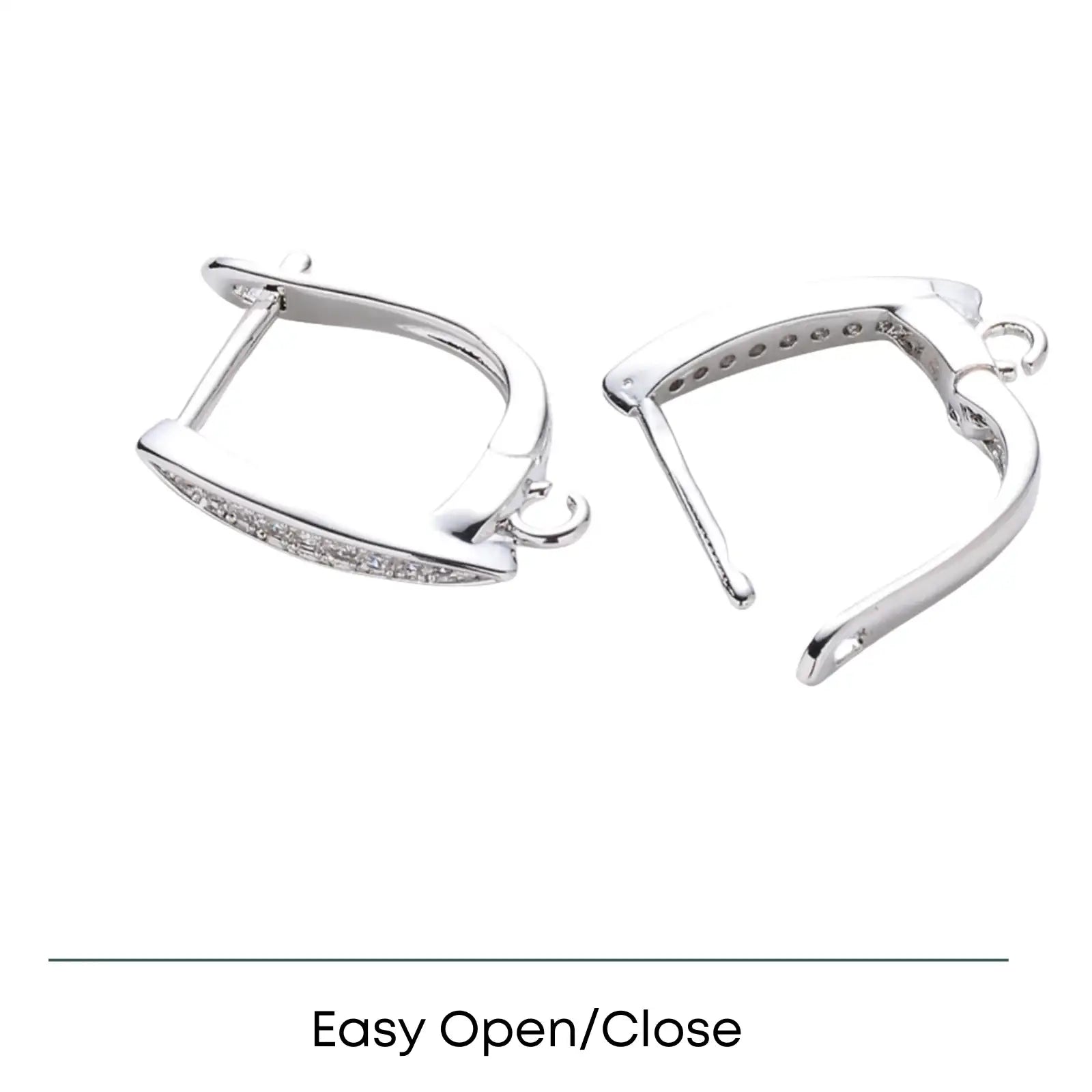 Silver hoop earrings with easy open/close clasp and embedded small crystals