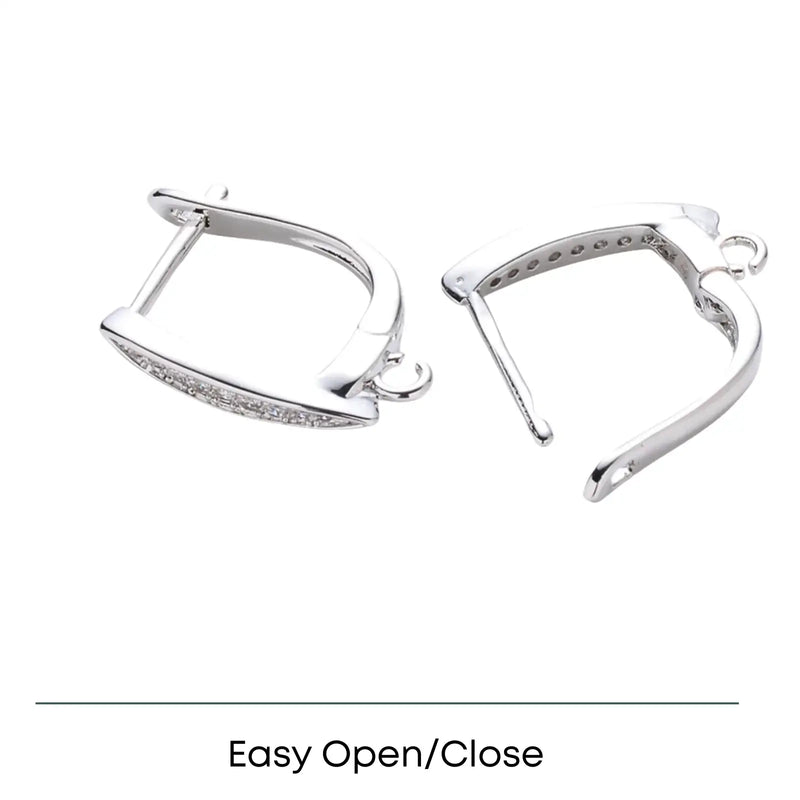 Silver hoop earrings with easy open/close clasp and embedded small crystals