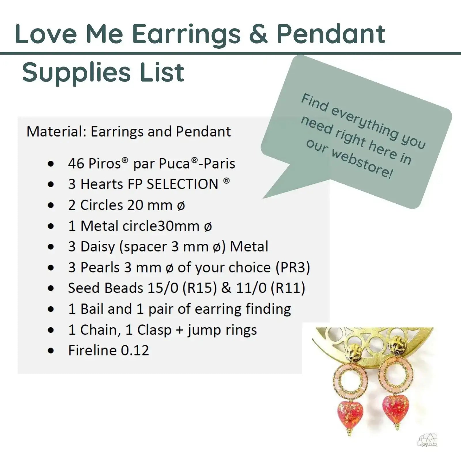 Love Me Earrings & Pendant Pattern par Puca - The Argus Collection