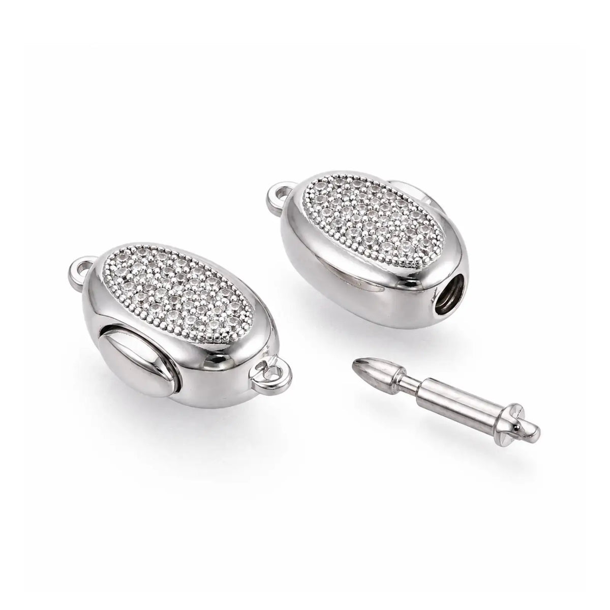 Platinum Luna bayonet peanut clasp shown open with removable clasp pin and cubic zirconia detail