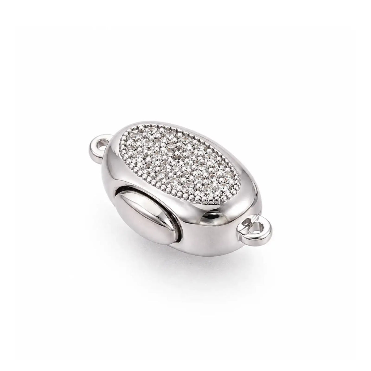 Platinum Luna bayonet peanut clasp with clear cubic zirconia on a white background