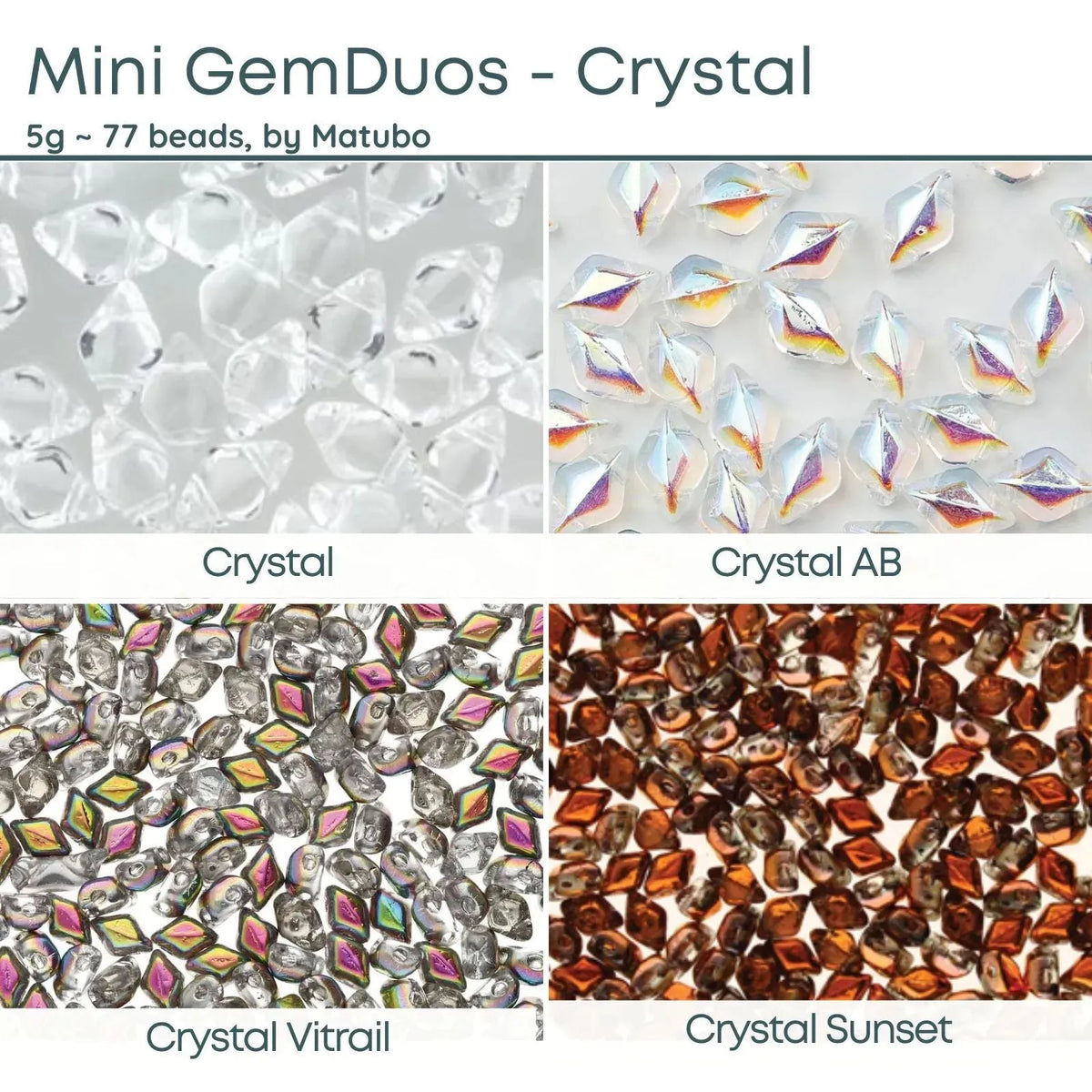 Mini Gemduo Beads, 5g., Crystal Collection, 4 Finishes - The Argus Collection