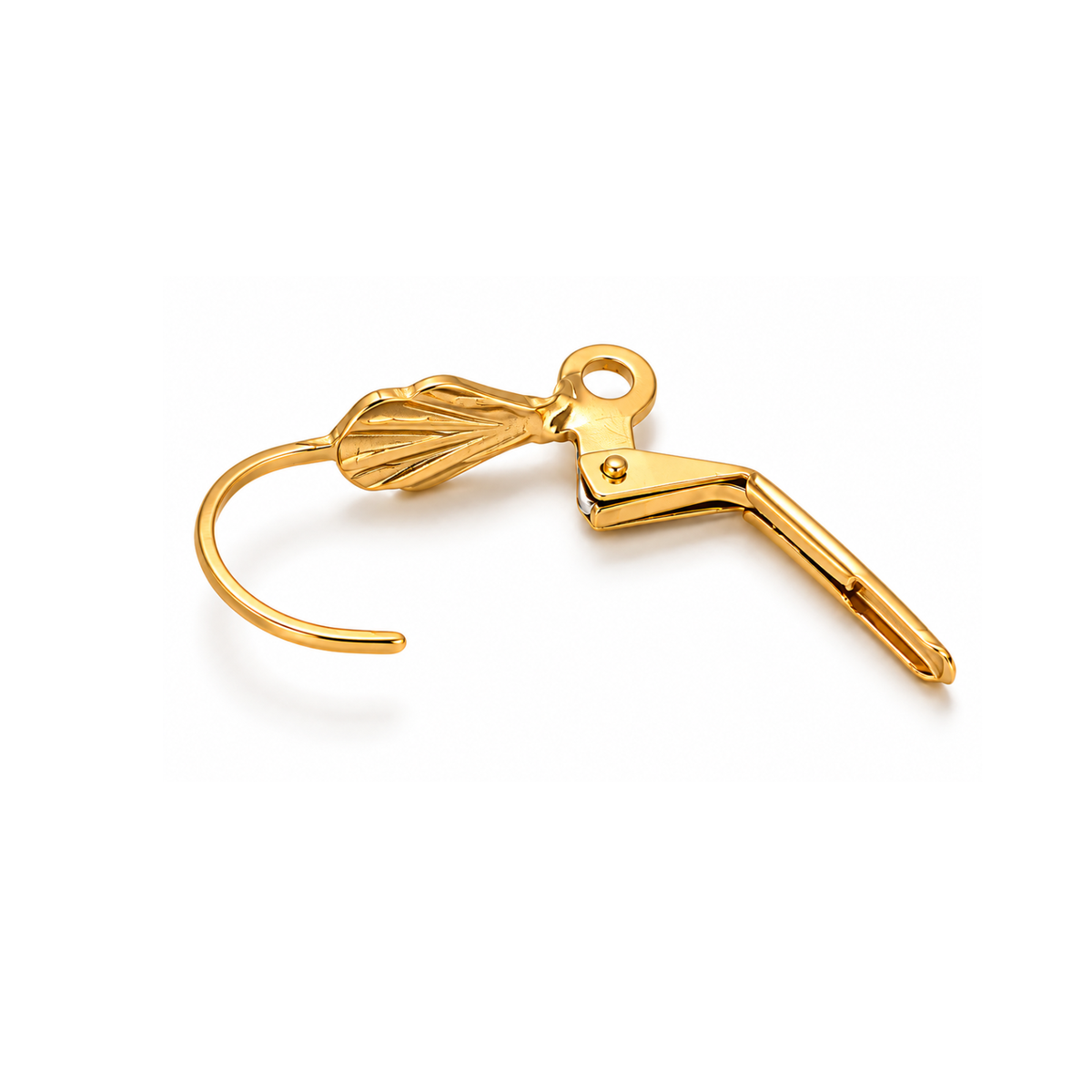 Monaco 11 gold stainless steel leverback ear wire shown open, displaying the hinged clasp, decorative leaf front and 2 mm attachment loop