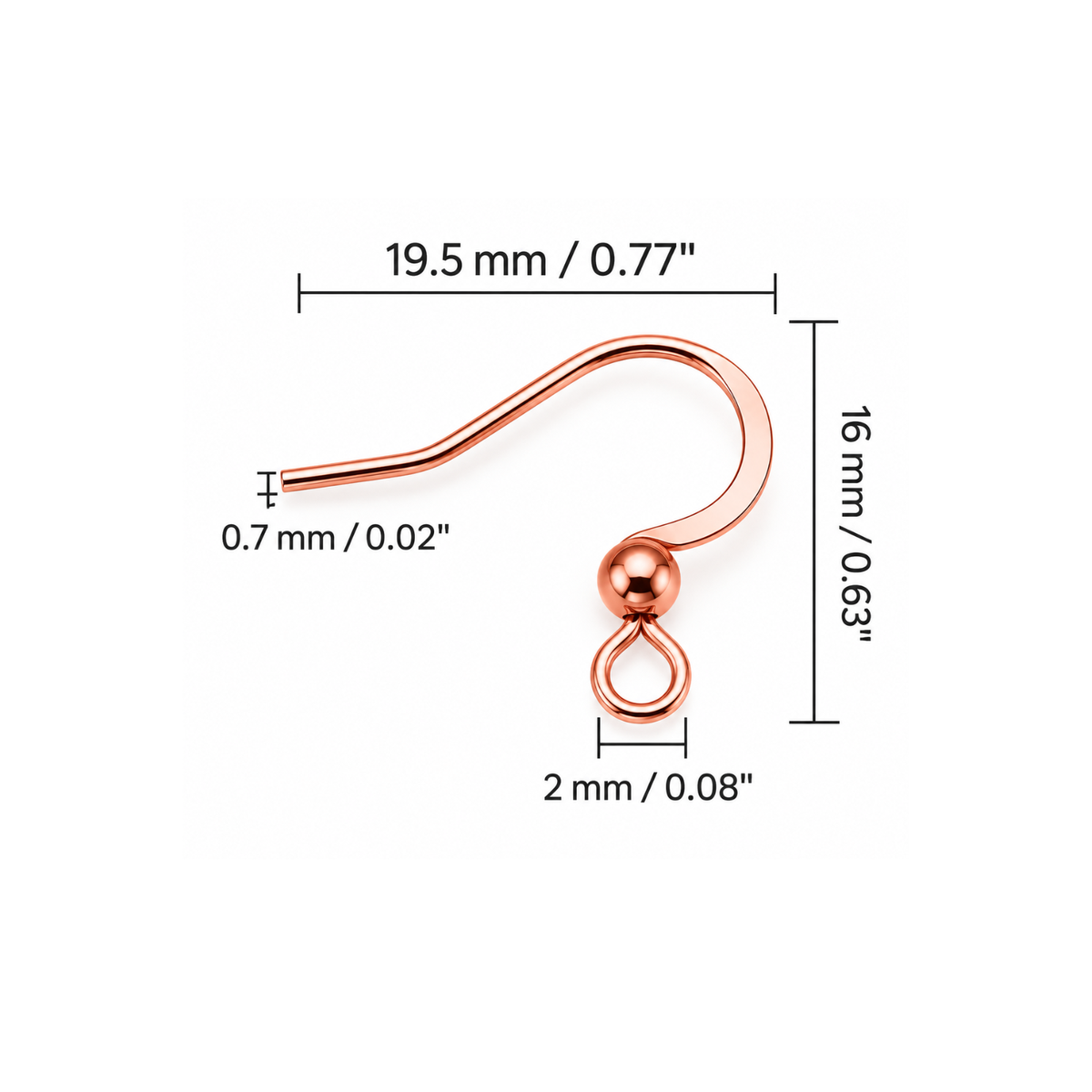 Monaco 1 rose gold earring wire dimension diagram showing 19.5 mm width, 16 mm height, 0.7 mm wire thickness and 2 mm attachment loop.