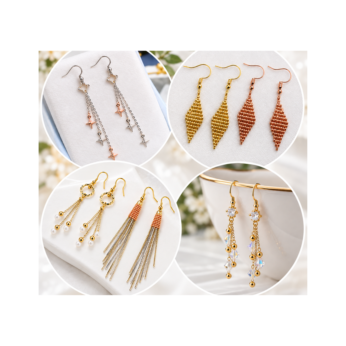 Examples of handmade dangling earrings featuring fishhook ear wires with beaded designs, decorative charms, delicate chains and crystal accents.