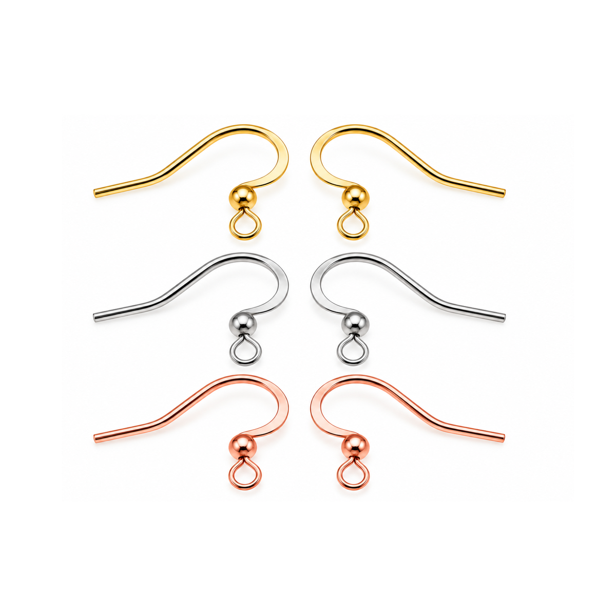 Monaco 1 surgical stainless steel earring wires in gold plated, stainless steel silver and rose gold finishes, featuring curved hooks with ball and loop details.