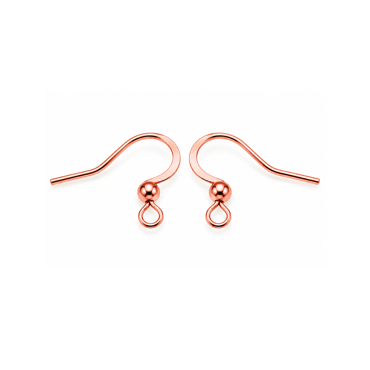 Pair of Monaco 1 rose gold finish surgical stainless steel earring wires with curved hooks, polished ball accents and small attachment loops.