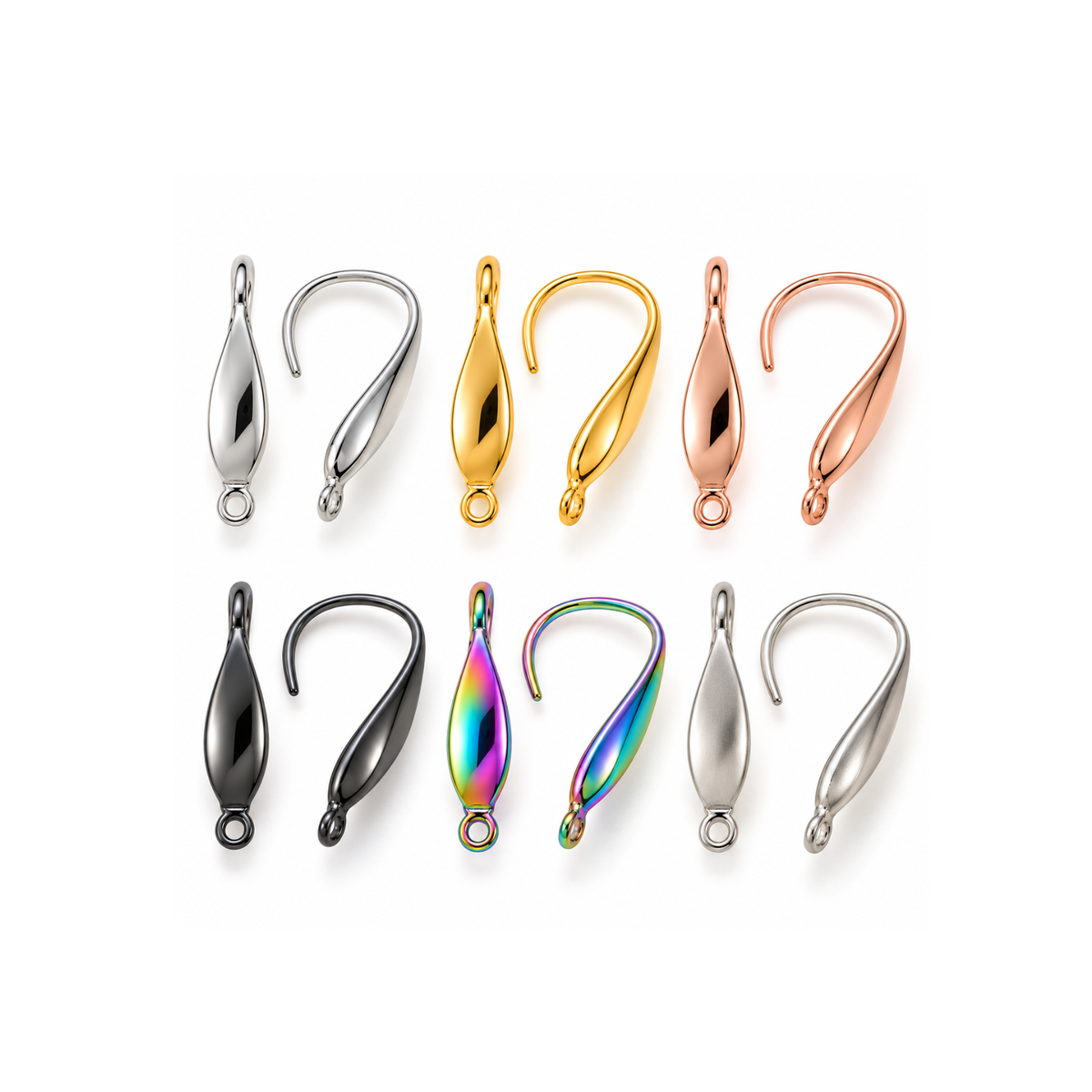 Monaco 5 surgical steel ear wires in six finishes: silver, gold, rose gold, black, rainbow and natural stainless steel