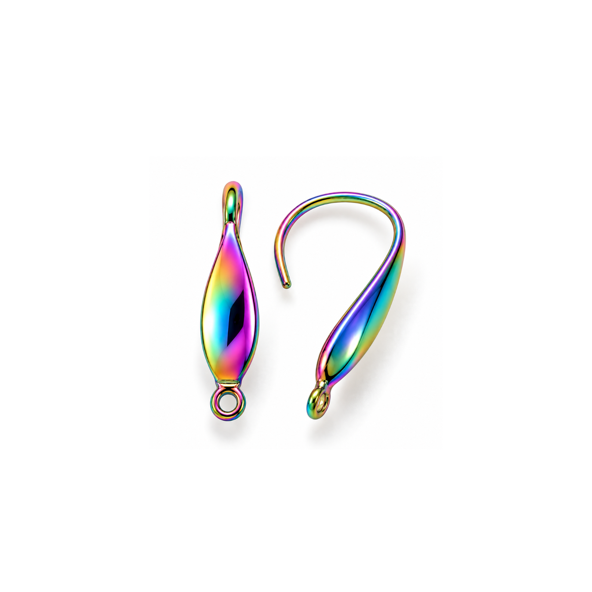 Monaco 5 surgical stainless steel ear wires in iridescent rainbow finish with front-facing attachment loops