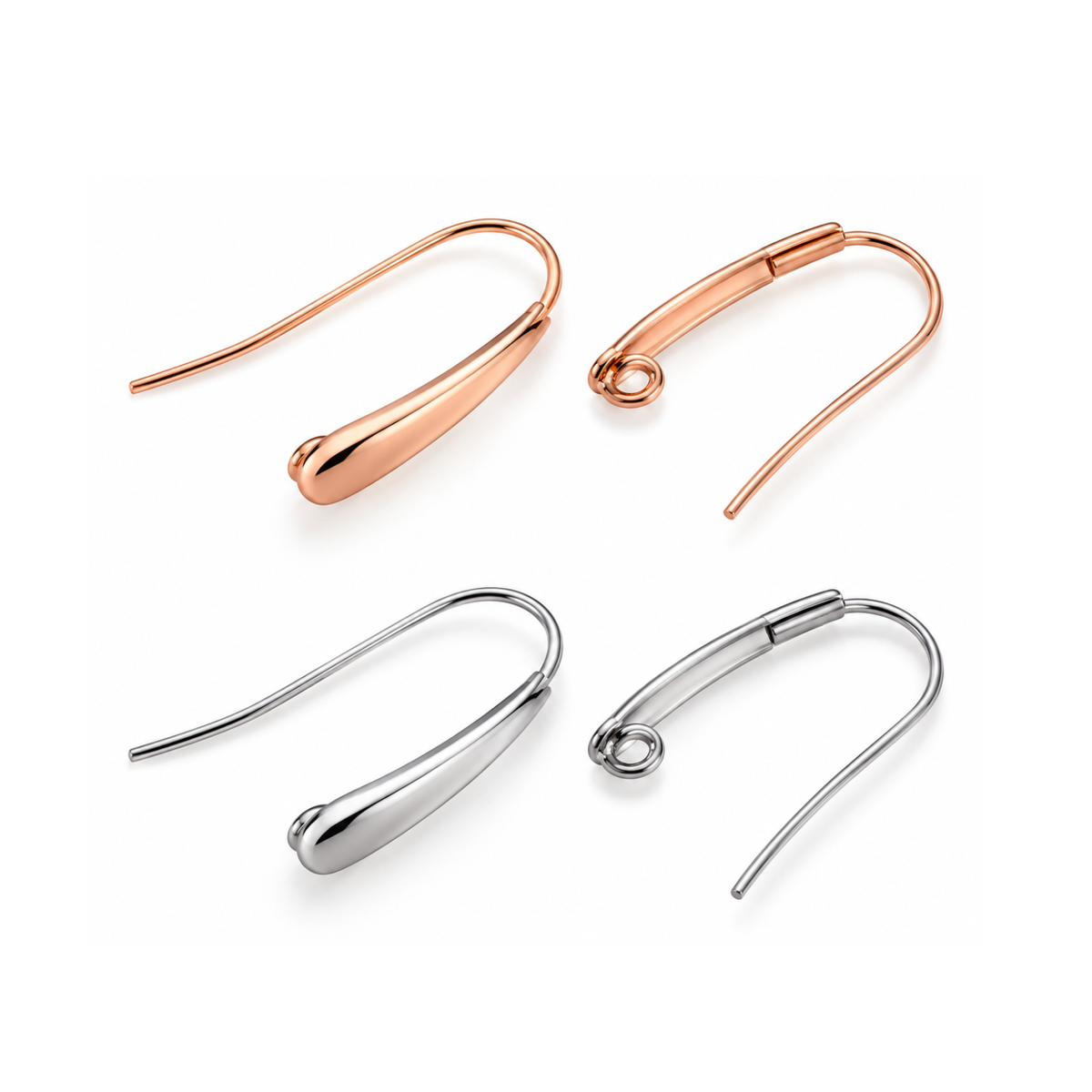 Monaco 6 stainless steel ear wires in Platinum and Rose Gold finishes with decorative fronts and hidden attachment loops