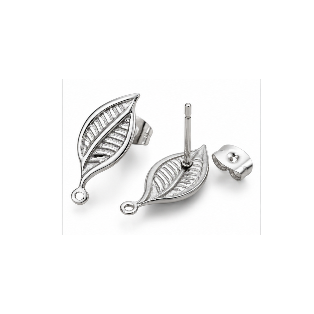 Monaco 7 stainless steel leaf earring studs showing front and back views, posts and matching butterfly earring backs