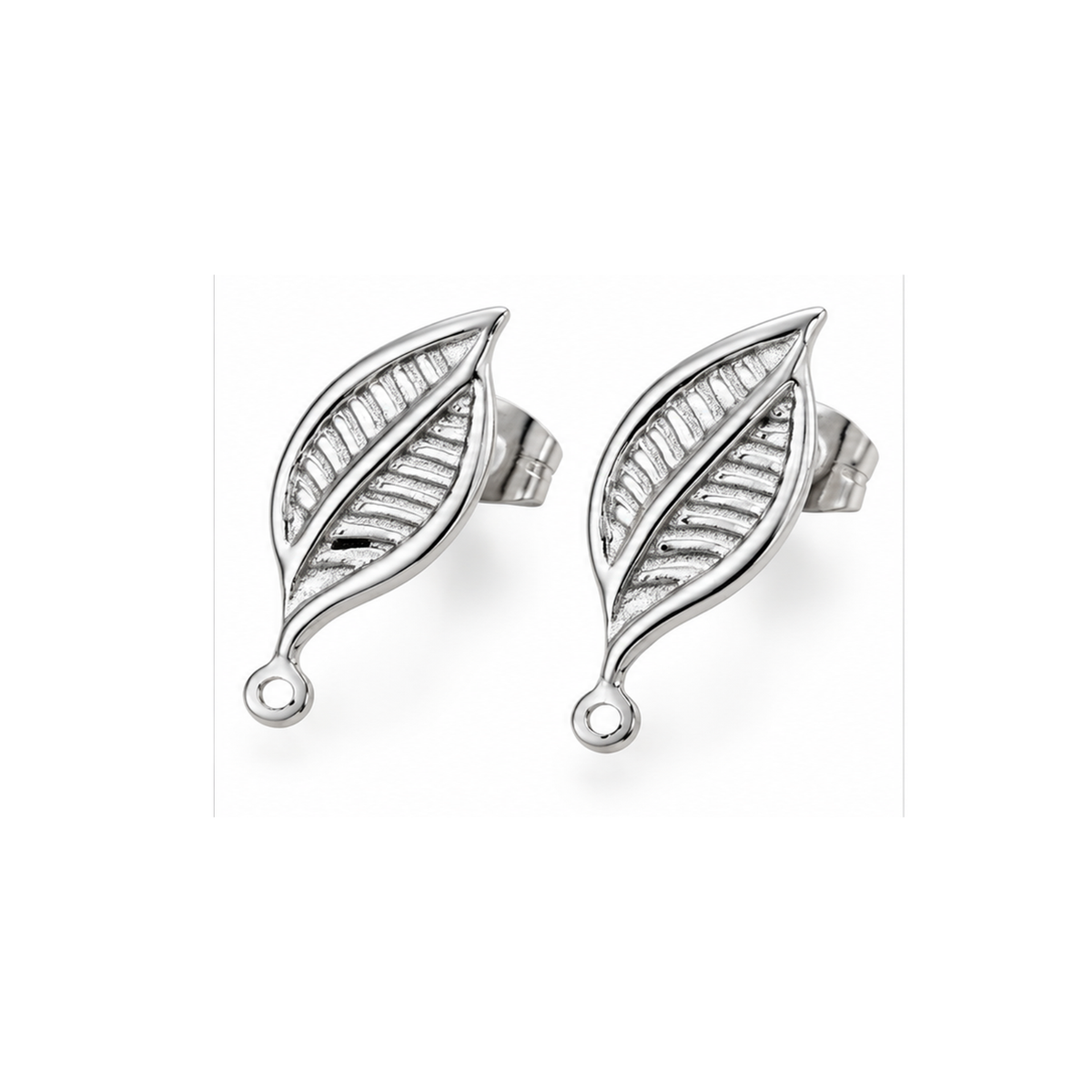 Monaco 7 stainless steel earring studs with decorative leaf-shaped fronts, attachment loops and matching earring backs.