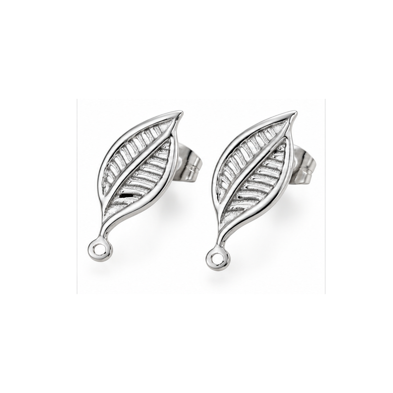 Monaco 7 stainless steel earring studs with decorative leaf-shaped fronts, attachment loops and matching earring backs.