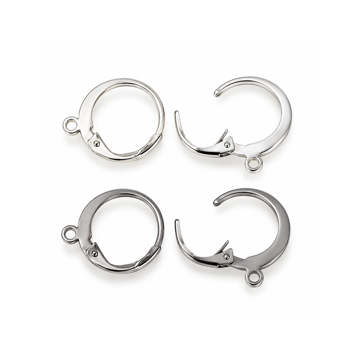 Monaco 8 round leverback earring findings in Silver and Nickel finishes, showing open and closed hinged clasps