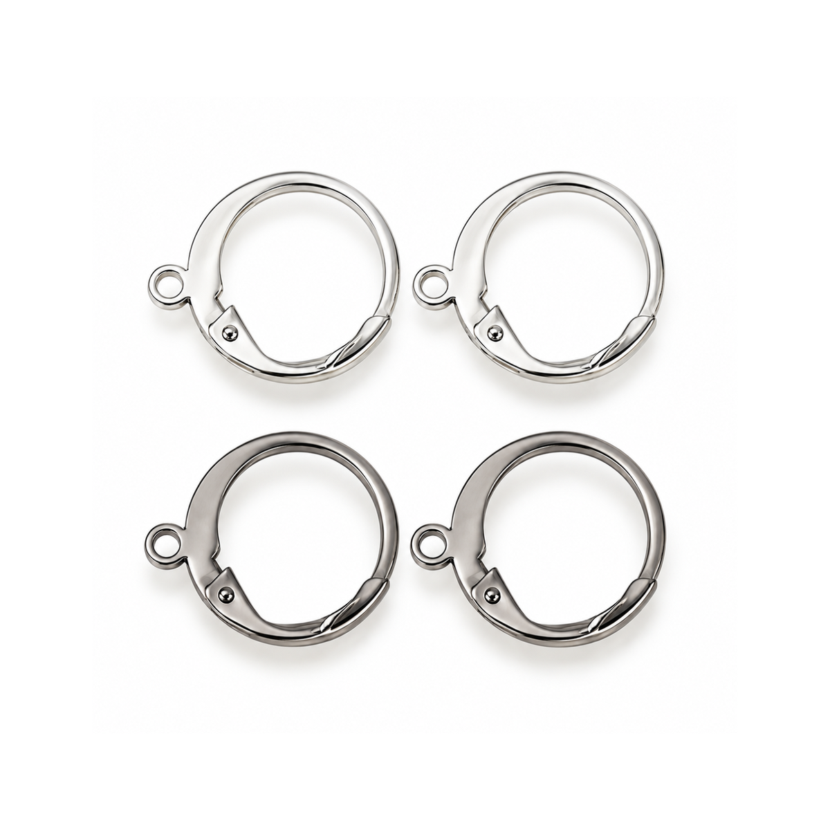 Monaco 8 round stainless steel leverback ear wires in Silver and Nickel finishes, shown as matching pairs with hinged closures and attachment loops