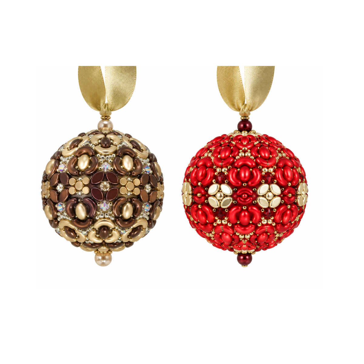 Magie de Noel Ornament Bead Kit featuring two handmade beaded Christmas ornaments in Woodland bronze and gold and Poinsettia red and gold, with gold ribbon hangers.