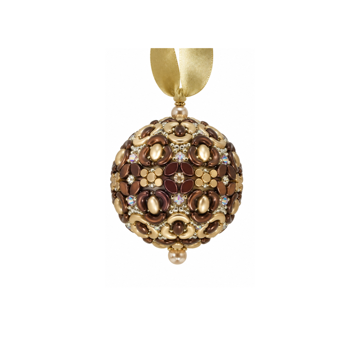 Magie de Noel Woodland Ornament Bead Kit featuring intricate bronze, chocolate brown and gold beadwork with a champagne gold ribbon hanger.