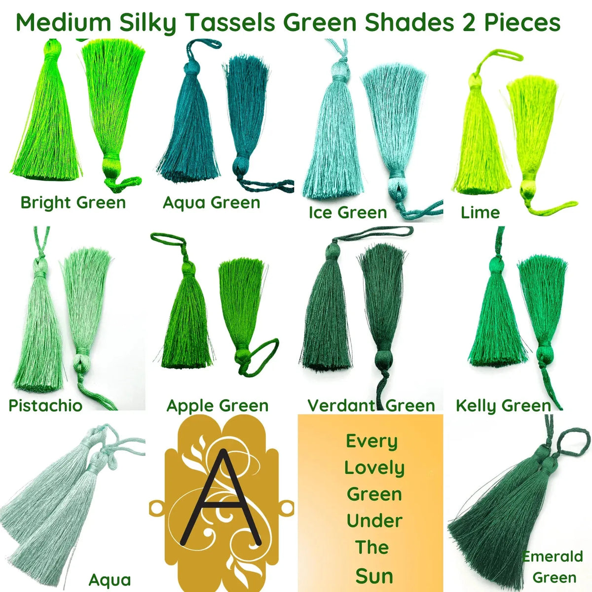 Medium Silky Tassels, Green Shades, 2 Pcs. 8cm, 3.2 Inches - The Argus Collection