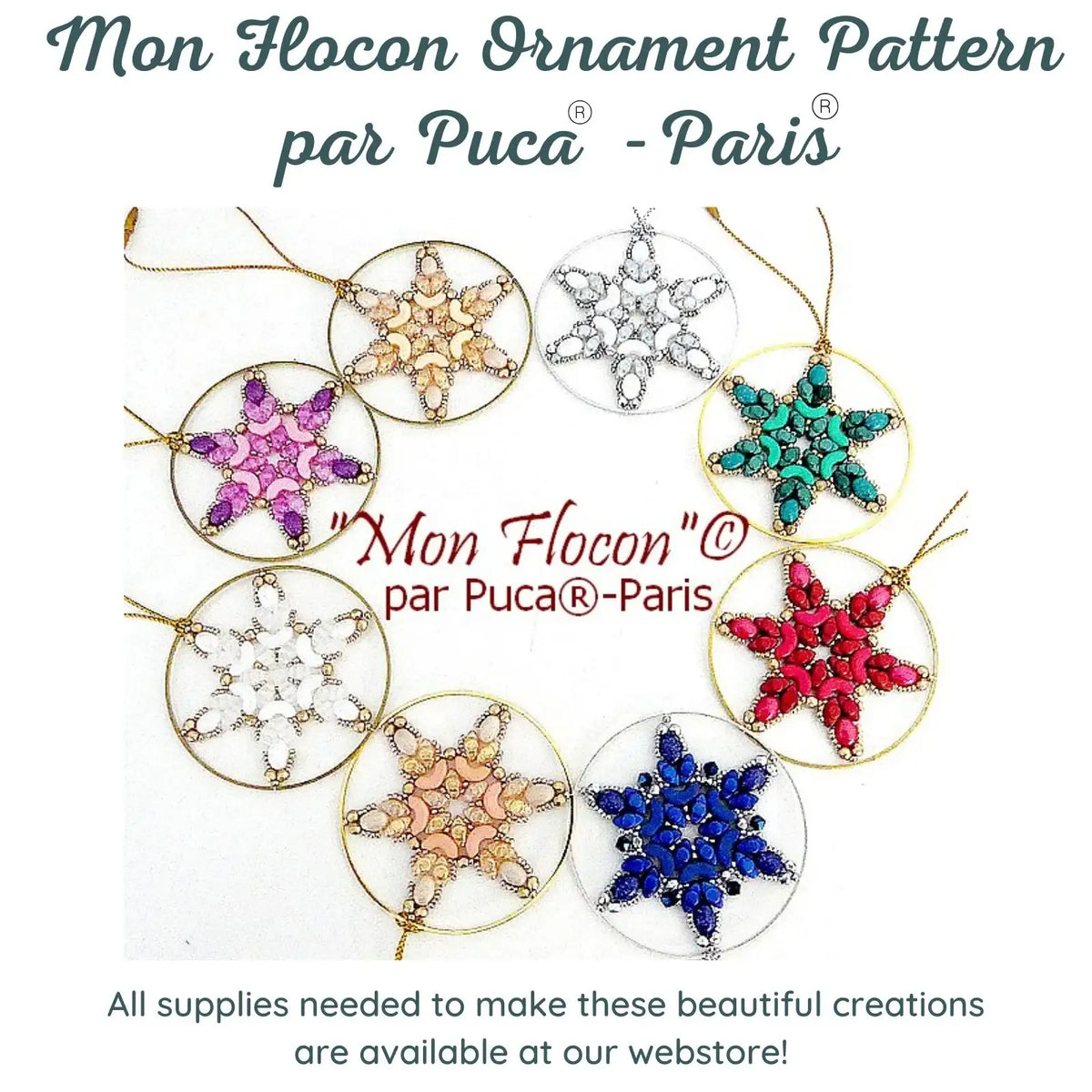 Colorful 'Mon Flocon' ornament patterns by Puca Paris on a white background