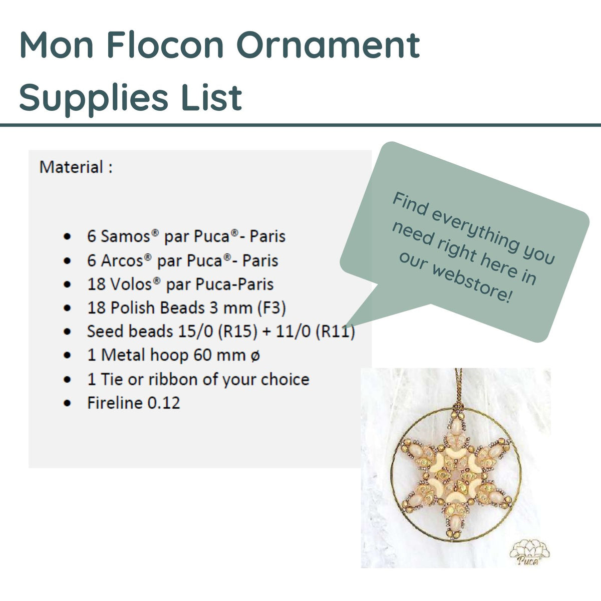 Supplies list for Mon Flocon Ornament with a gold ornament on a white background