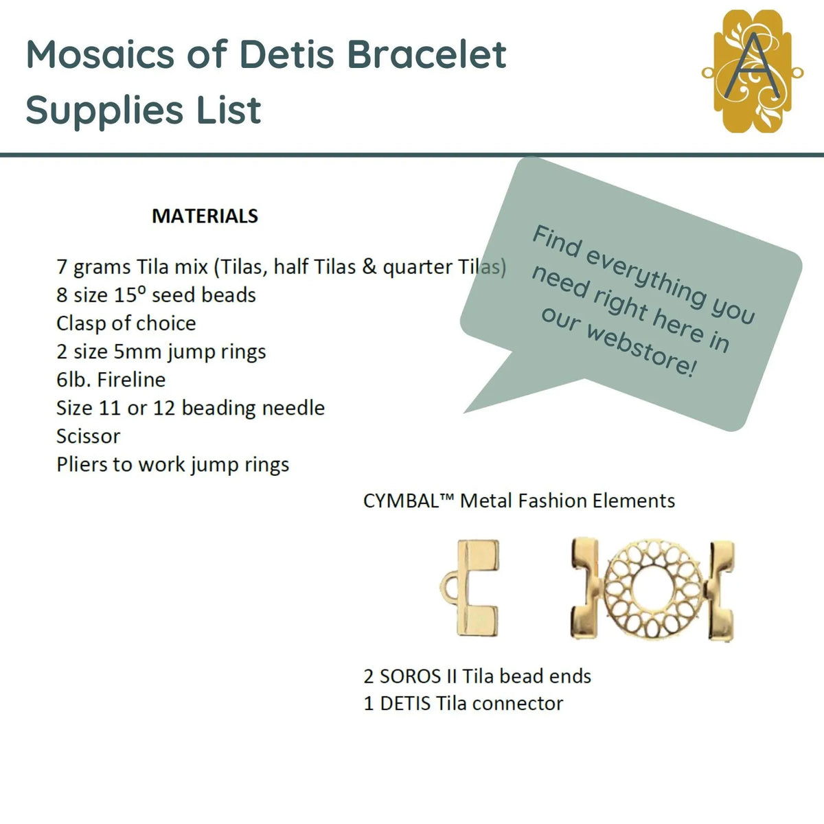 Mosaics of Detis Bracelet Pattern with a list of the materials needed to make this charming bracelet - The Argus Collection