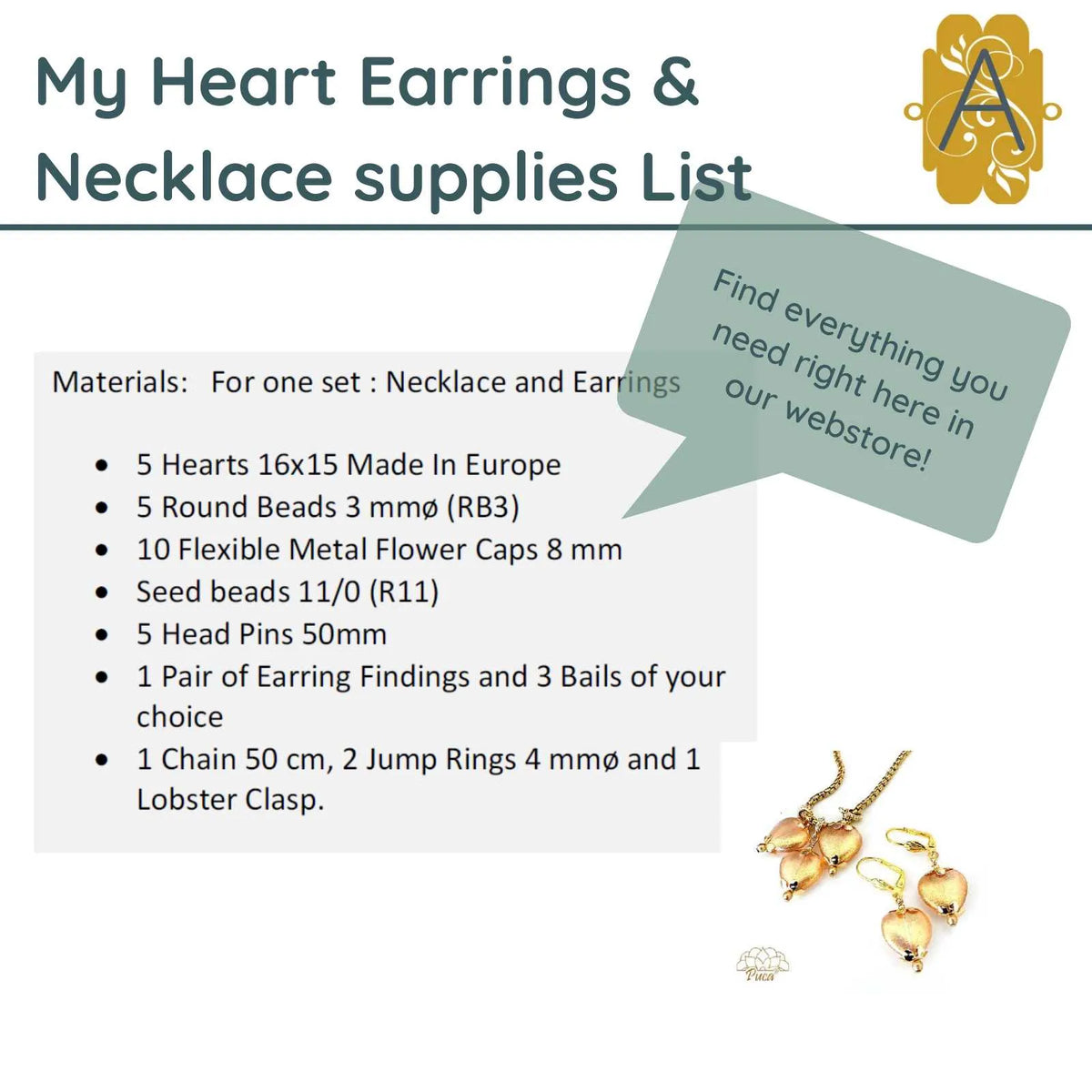 Material needed to make the My Heart Necklace and Earring Pattern - The Argus Collection
