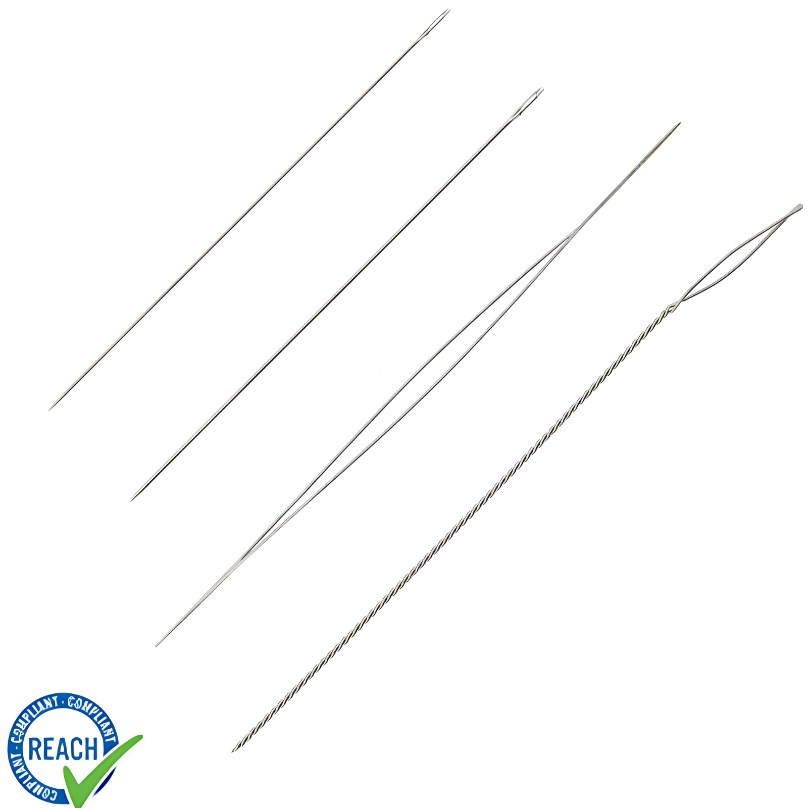 Set of metal needles on a white background with 'REACH' certification logo.