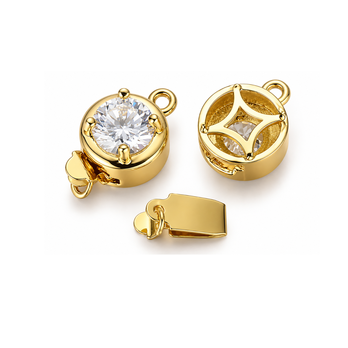 OPA! Gold Cubic Zirconia Box Clasp showing front crystal setting, decorative back and removable locking mechanism