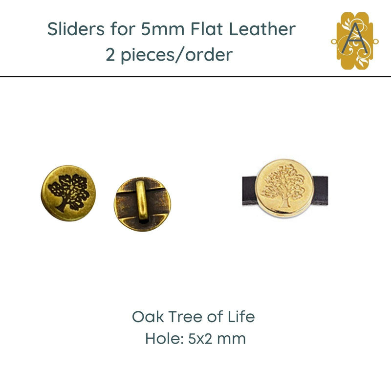 Oak Tree of Life, Sliders for 5mm Flat Leather, 2 Finishes - The Argus Collection