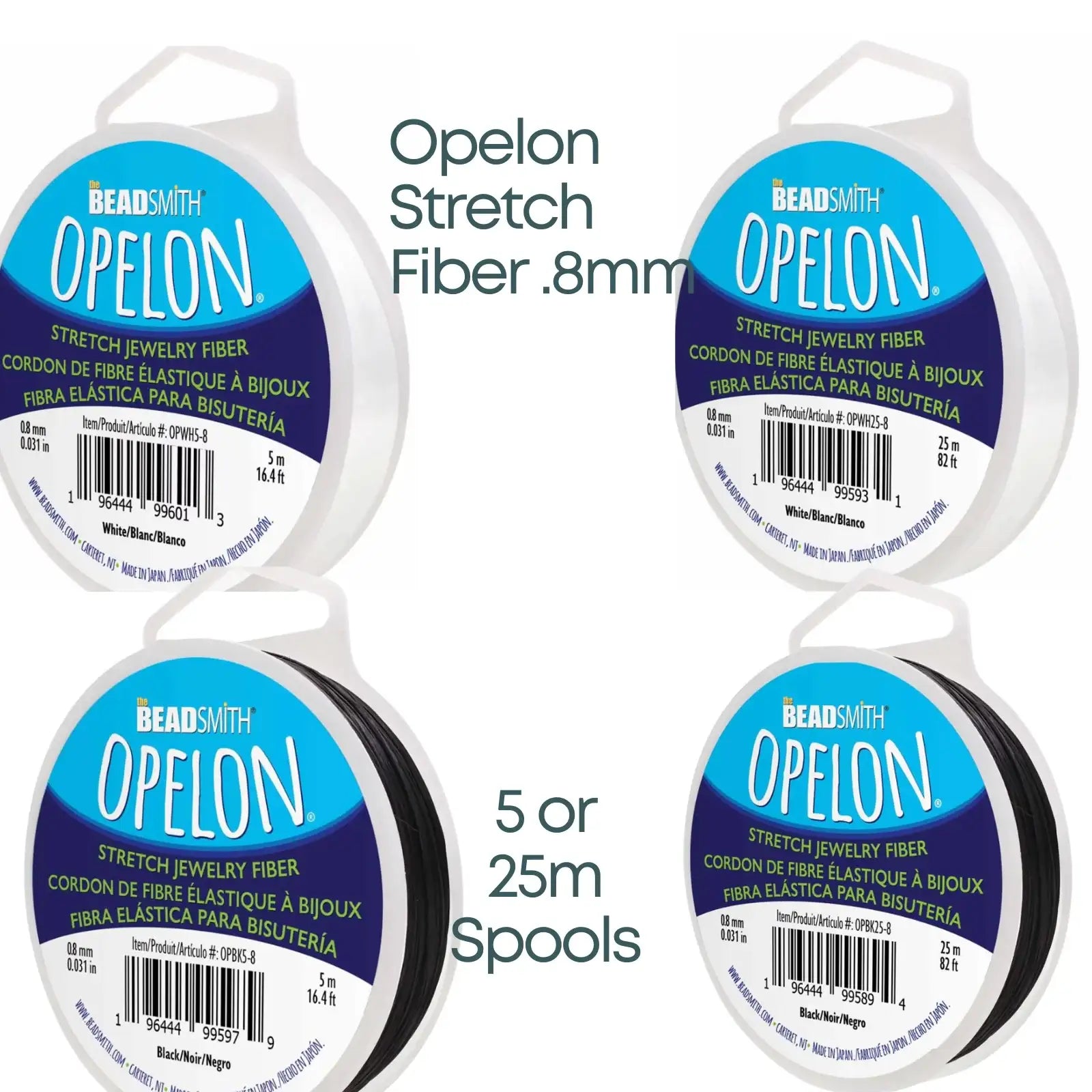 Opelon Stretch Fibre Cord, .8mm, White or Black - The Argus Collection