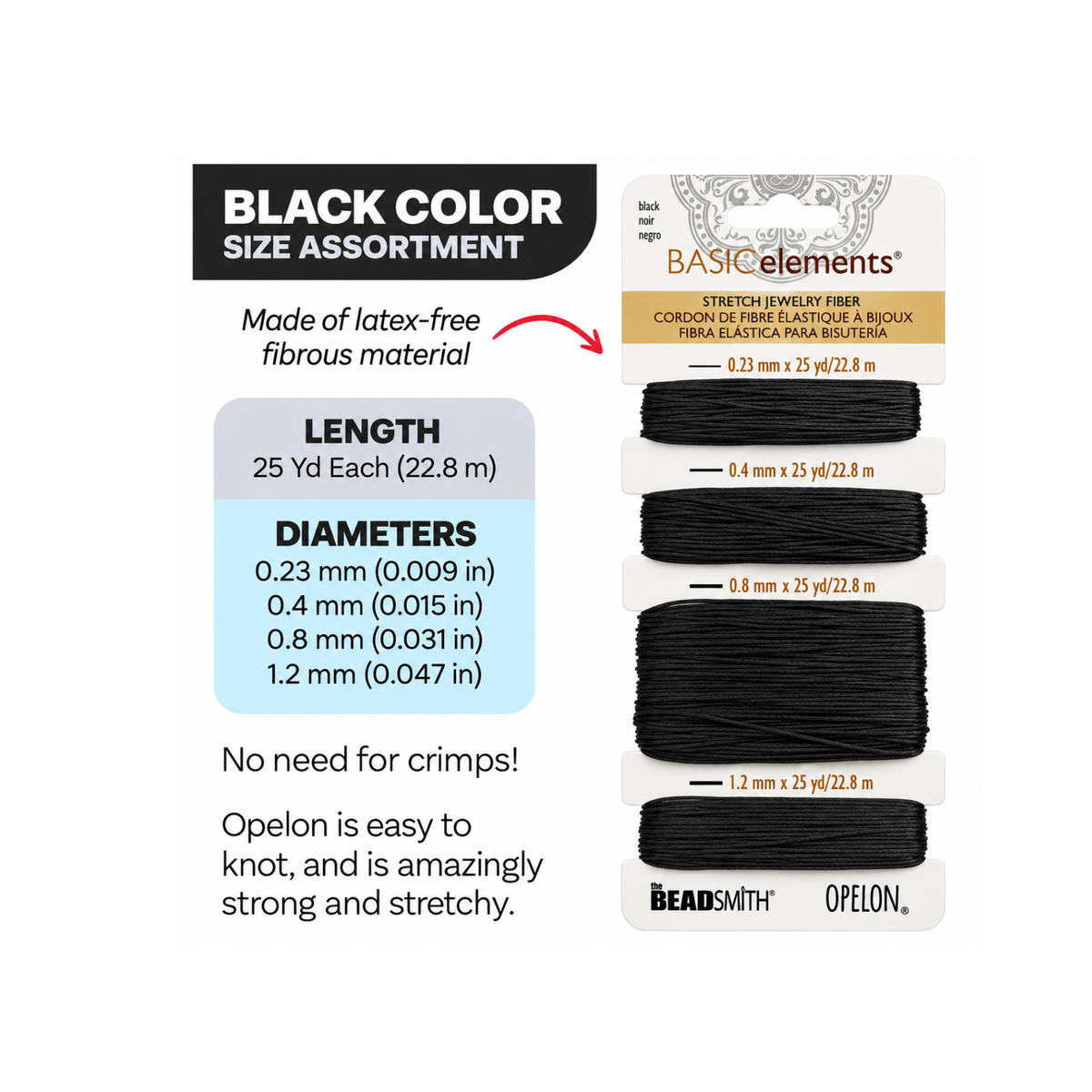 Black Opelon stretch jewelry fiber cord assortment with 0.23mm, 0.4mm, 0.8mm and 1.2mm sizes