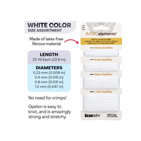 White Opelon stretch jewelry fiber cord assortment with 0.23mm, 0.4mm, 0.8mm and 1.2mm sizes