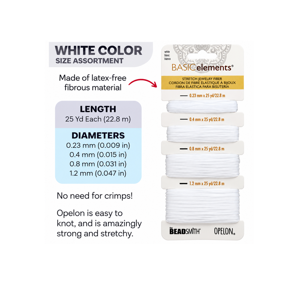 White Opelon stretch jewelry fiber cord assortment with 0.23mm, 0.4mm, 0.8mm and 1.2mm sizes