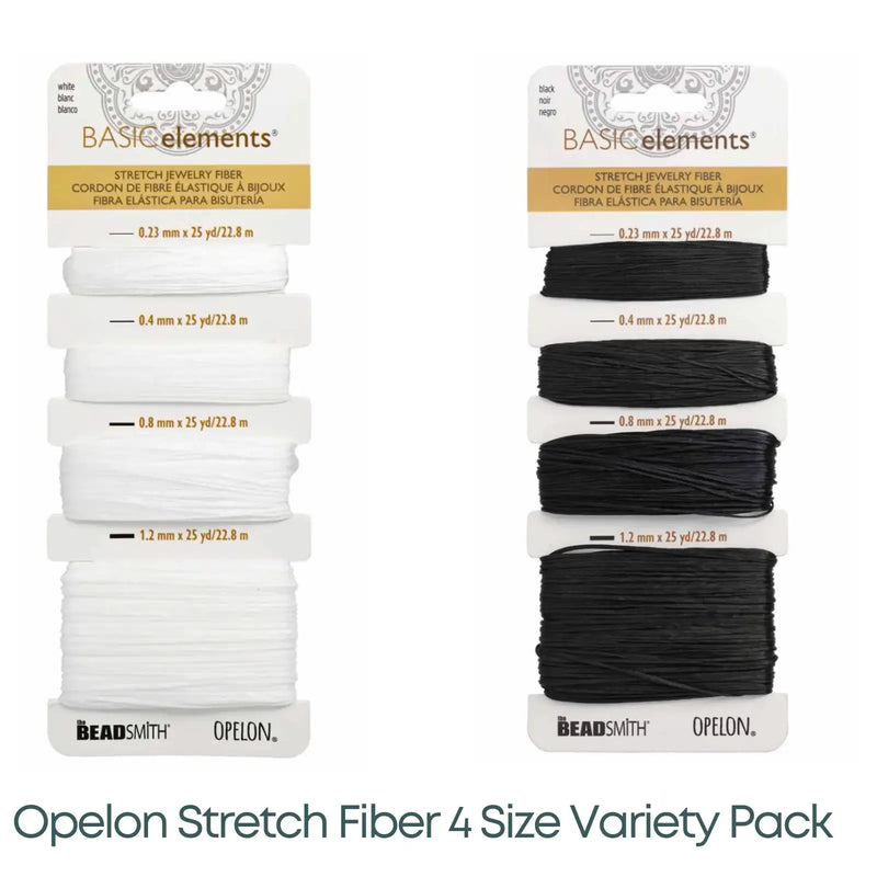 Opelon Stretch Fiber 4 Size Variety Pack with white and black fibers on a white background