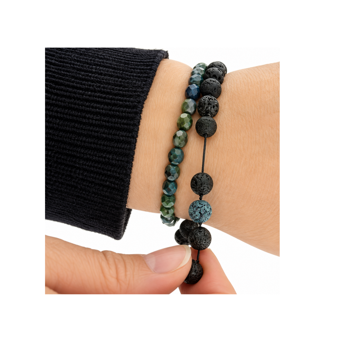 Beaded stretch bracelet being worn and adjusted using Opelon stretch jewelry cord