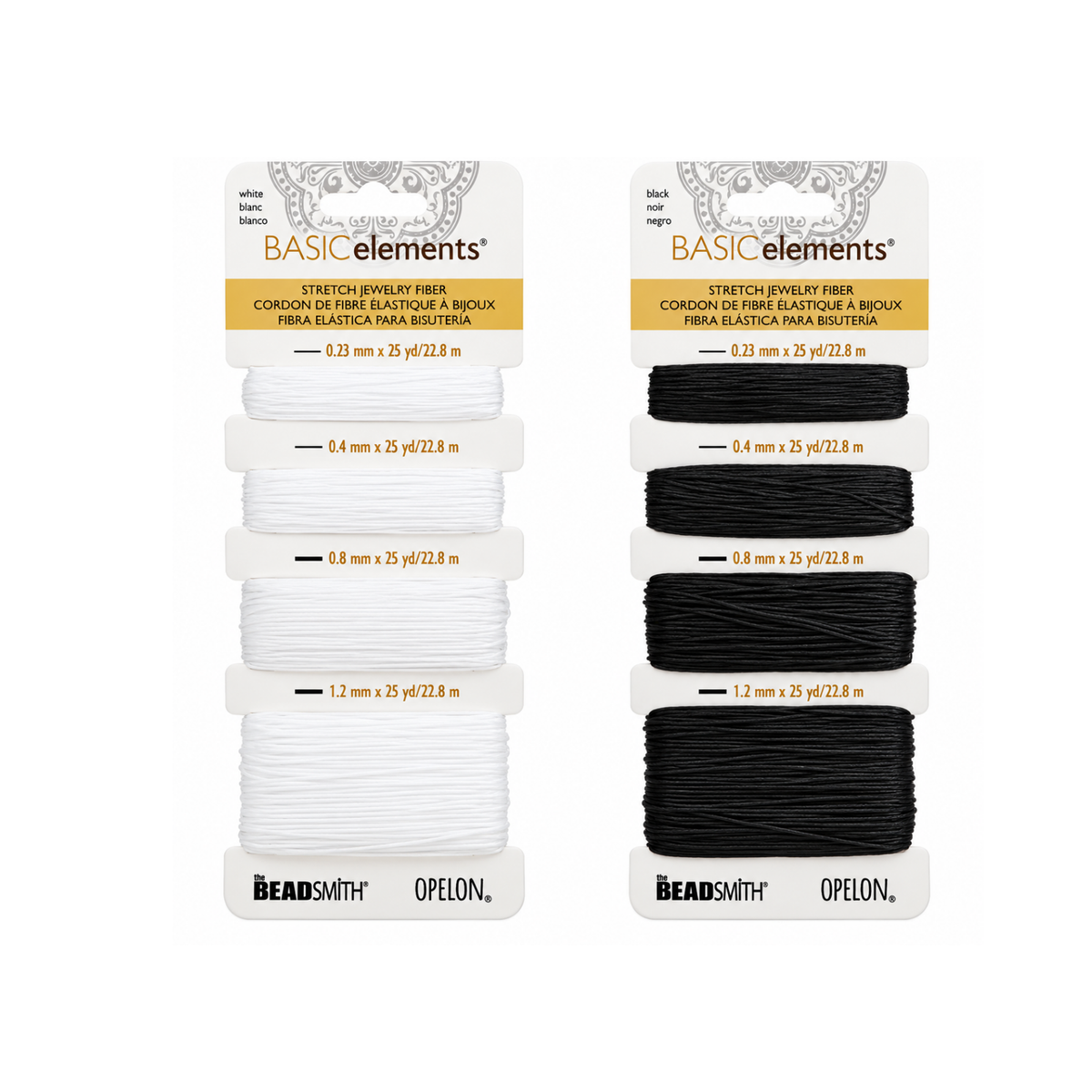Opelon stretch jewelry fiber cord variety packs in White and Black, 4 sizes, 25 yards each