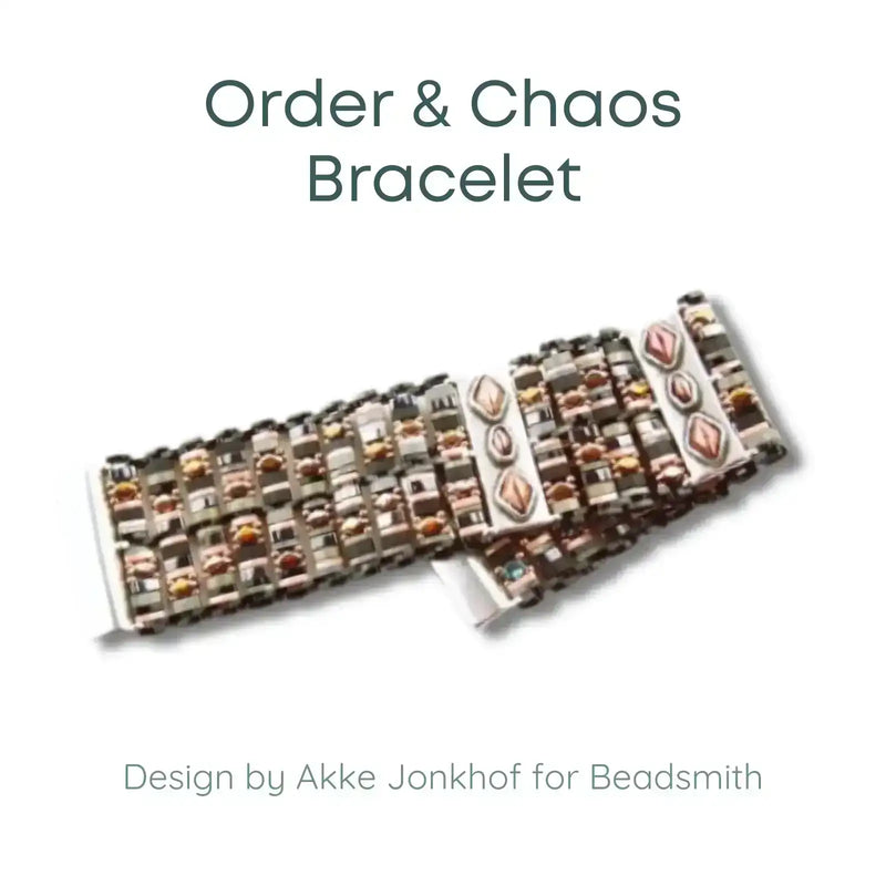 Beaded bracelet with 'Order & Chaos' design on a white background, featuring the Beadsmith brand.