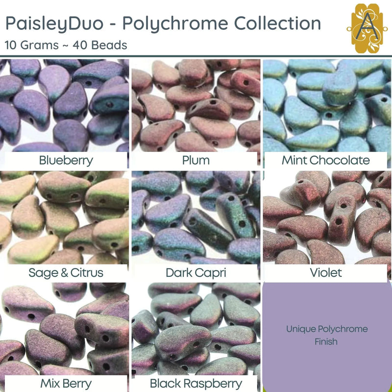 Paisleyduo 2-holed beads, 10g., Polychrome Collection, 8 Colors - The Argus Collection