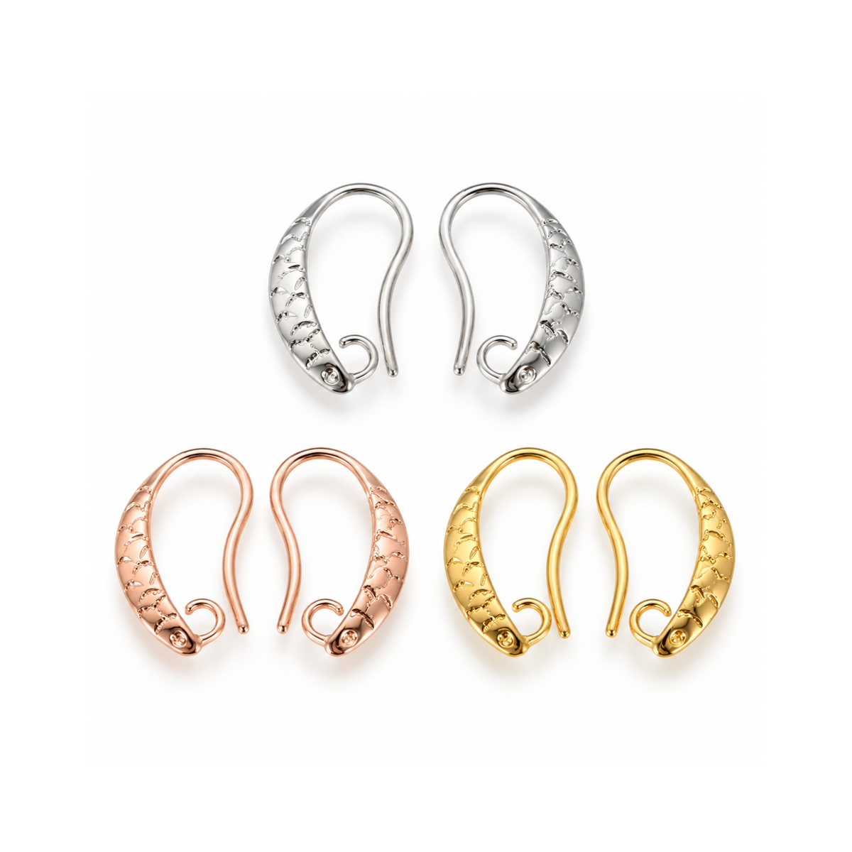 Provence 1 textured brass earring wires in silver, rose gold and gold finishes, featuring decorative beveled fronts and open attachment loops