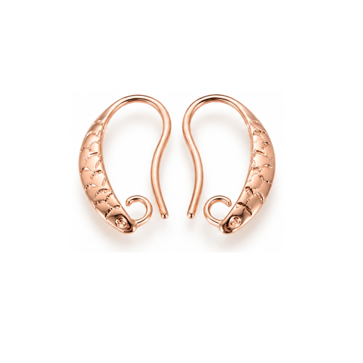 Provence 1 rose gold plated brass earring wires with textured beveled fronts and open attachment loops, shown as one pair