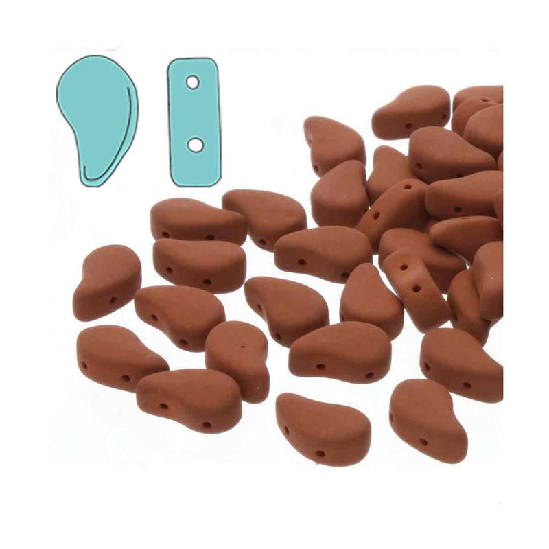 Brown teardrop-shaped 2-hole beads  on a white background