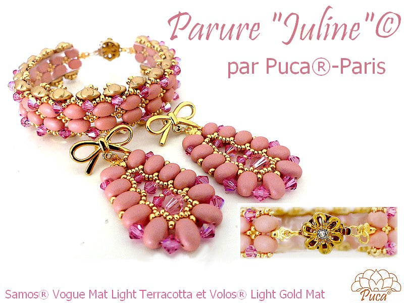 Terracotta and gold jewelry set with 'Parure Juline' branding on a white background