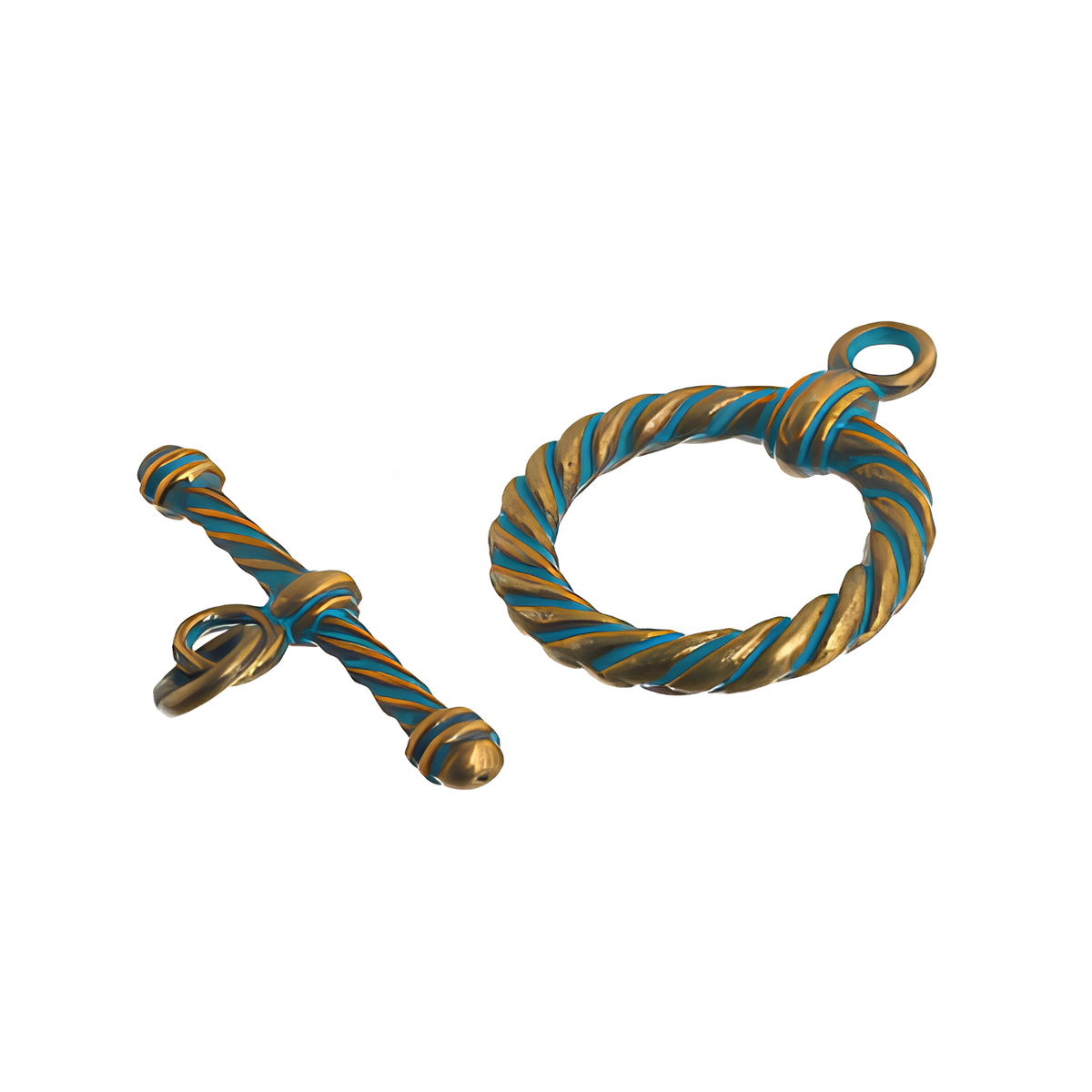 Bronze and turquoise twisted ring and bar toggle on a white background