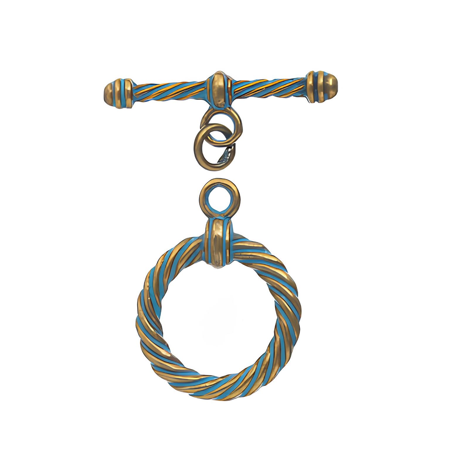 Decorative metal toggle with a patina and gold twisted design on a white background