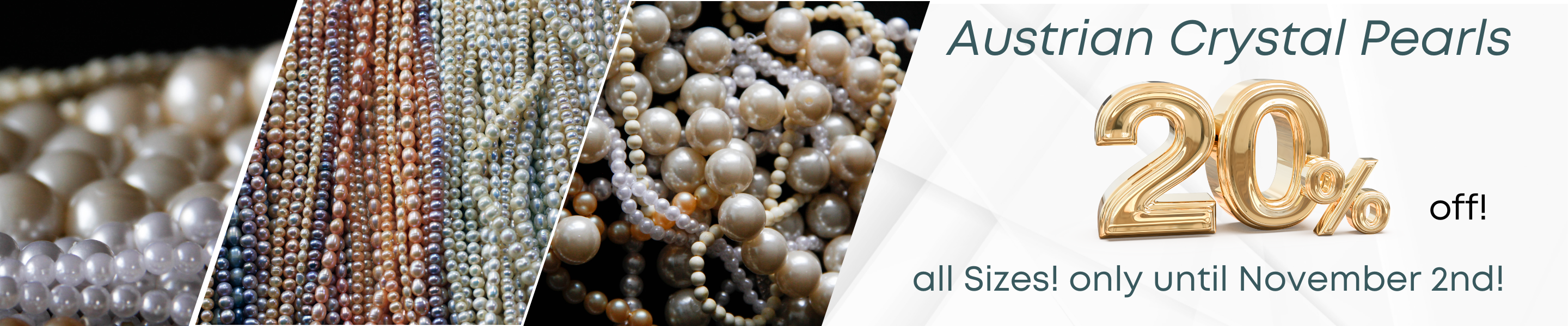 Promotional banner for Austrian Crystal Pearls with a 20% off discount offer.