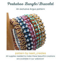 Colorful beaded bangles on a white background with text about an exclusive Argus pattern and a webstore link.