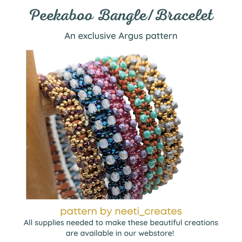 Colorful beaded bangles on a white background with text about an exclusive Argus pattern and a webstore link.