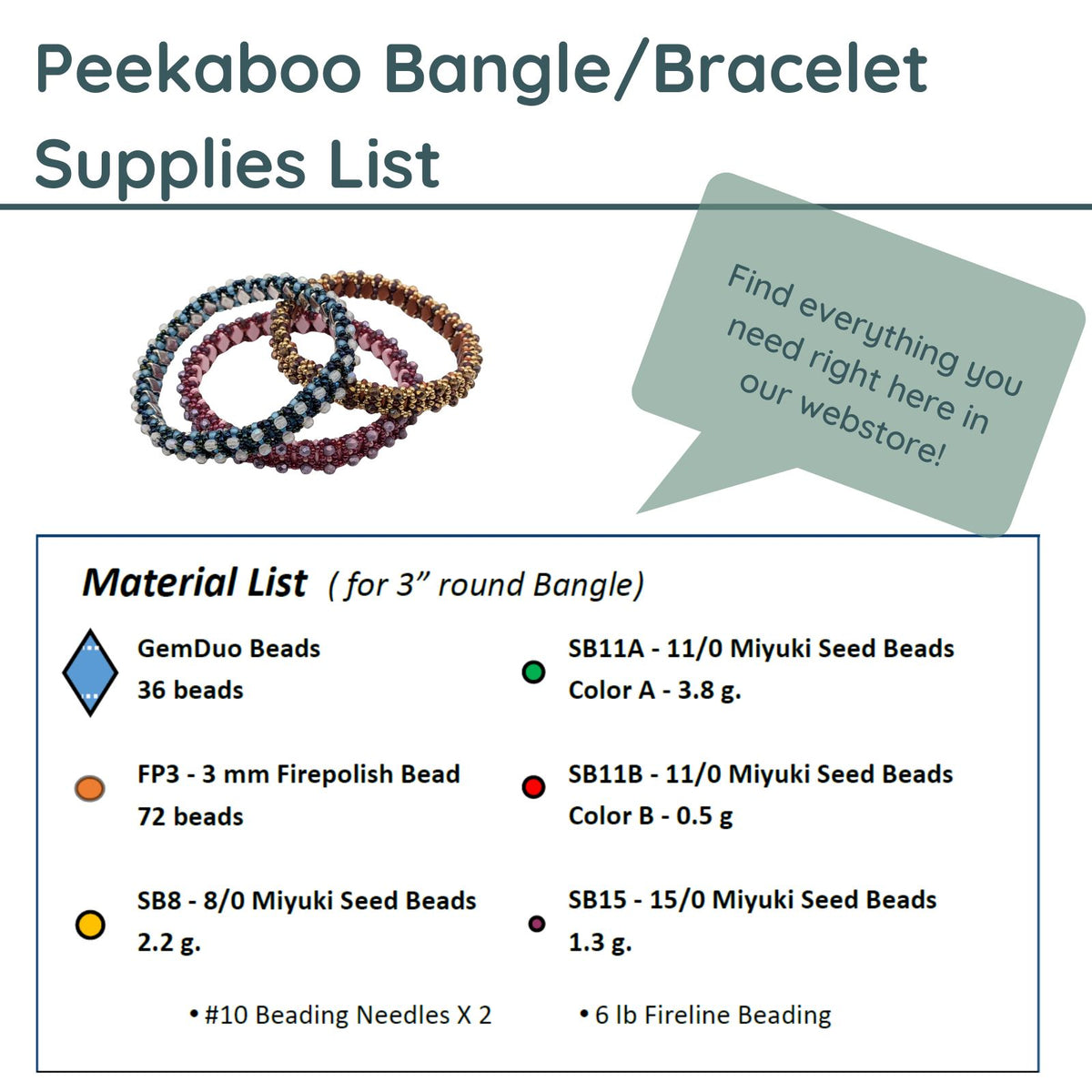Supplies list for making a Peekaboo Bangle/Bracelet with materials and measurements.